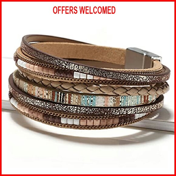 Leather Wrap Bracelet with Crystal Beads, Boho Style Cuff Jewelry - Picture 3 of 7